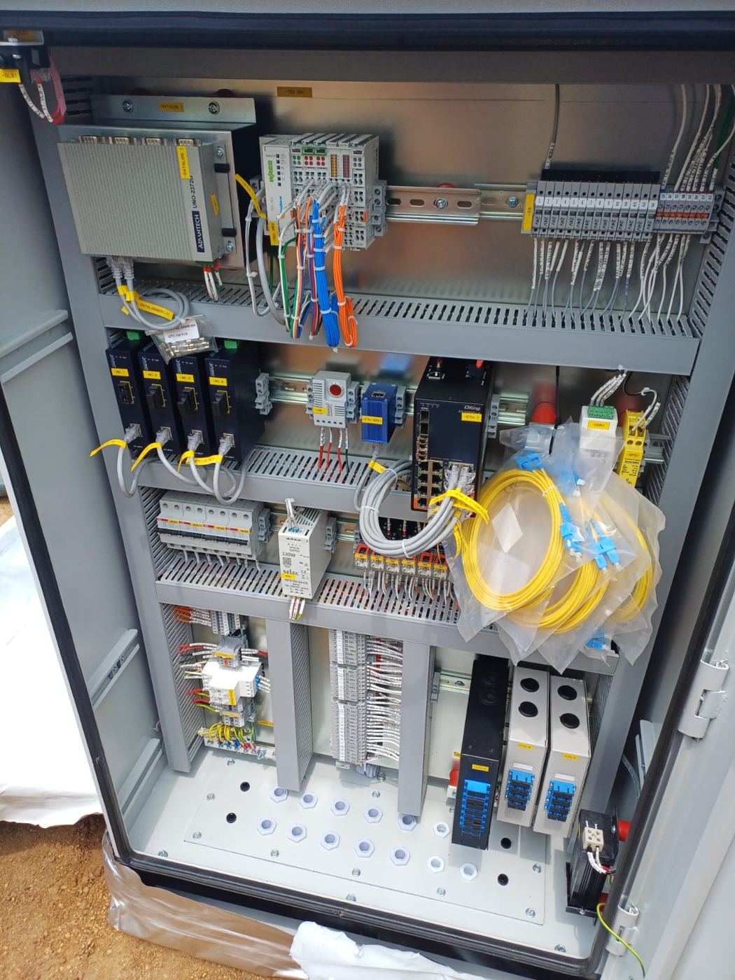 Outdoor SCADA cabinet with industrial switches, I/O, fibre LIUs and fully labelled wiring